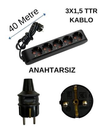 Avarson 3x1.5 TTR 3500 W Topraklı 5'li 40 m Uzatma Kablosu Siyah