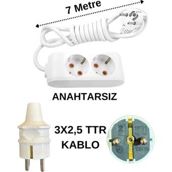 Avarson 3x2.5 TTR 3500 W Topraklı 2'li 7 m Uzatma Kablosu Beyaz