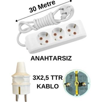 Avarson 3x2.5 TTR 3500 W Topraklı 3'lü 30 m Uzatma Kablosu Beyaz