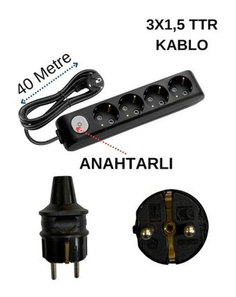 Avarson 3x1.5 TTR 3500 W Topraklı Anahtarlı 4'lü 40 m Uzatma Kablosu Siyah