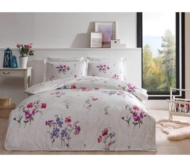 Taç Delux Komae Saten 4 Mevsim 200 x 220 cm Çarşaflı Çiçekli Çift Kişilik Nevresim Takımı Lila