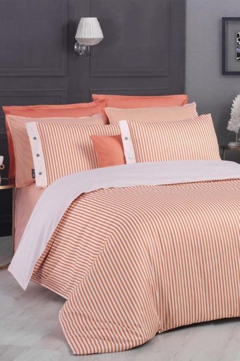 Sarev Tommy 233 TC Saten 4 Mevsim 200 x 220 cm Çarşaflı Çizgili Çift Kişilik Nevresim Takımı Somon