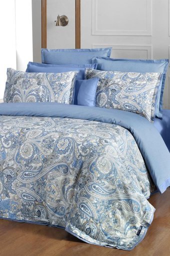 Sarev Volga Saten 4 Mevsim 200 x 220 cm Çarşaflı Desenli Çift Kişilik Nevresim Takımı Mavi