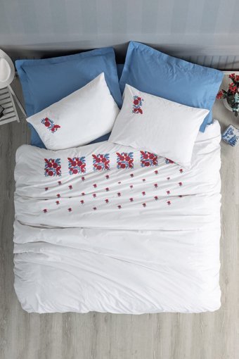Cotton Box Nessa Ranforce 4 Mevsim 200 x 220 cm Çarşaflı Desenli Çift Kişilik Nevresim Takımı Mavi