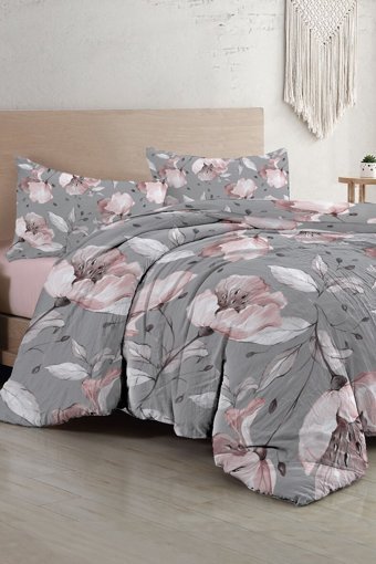 MonoHome Gray Rose Saten 4 Mevsim 200 x 220 cm Çarşaflı Çiçekli Çift Kişilik Nevresim Takımı Gri-Pembe