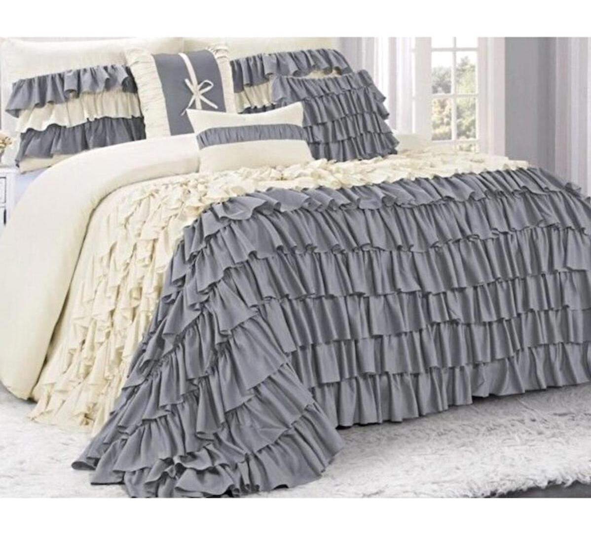 Krem Saten 4 Mevsim 200 x 220 cm Çarşaflı Fırfırlı Çift Kişilik Nevresim Takımı Gri