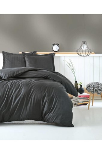 Cotton Box Elegante Stripe Saten 4 Mevsim 200 x 220 cm Çarşaflı Desenli Çift Kişilik Nevresim Takımı Antrasit