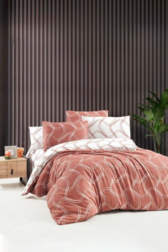 Vionel Home Pamuklu 4 Mevsim 200 x 220 cm Çarşaflı Çizgili Çift Kişilik Nevresim Takımı Kiremit Rengi