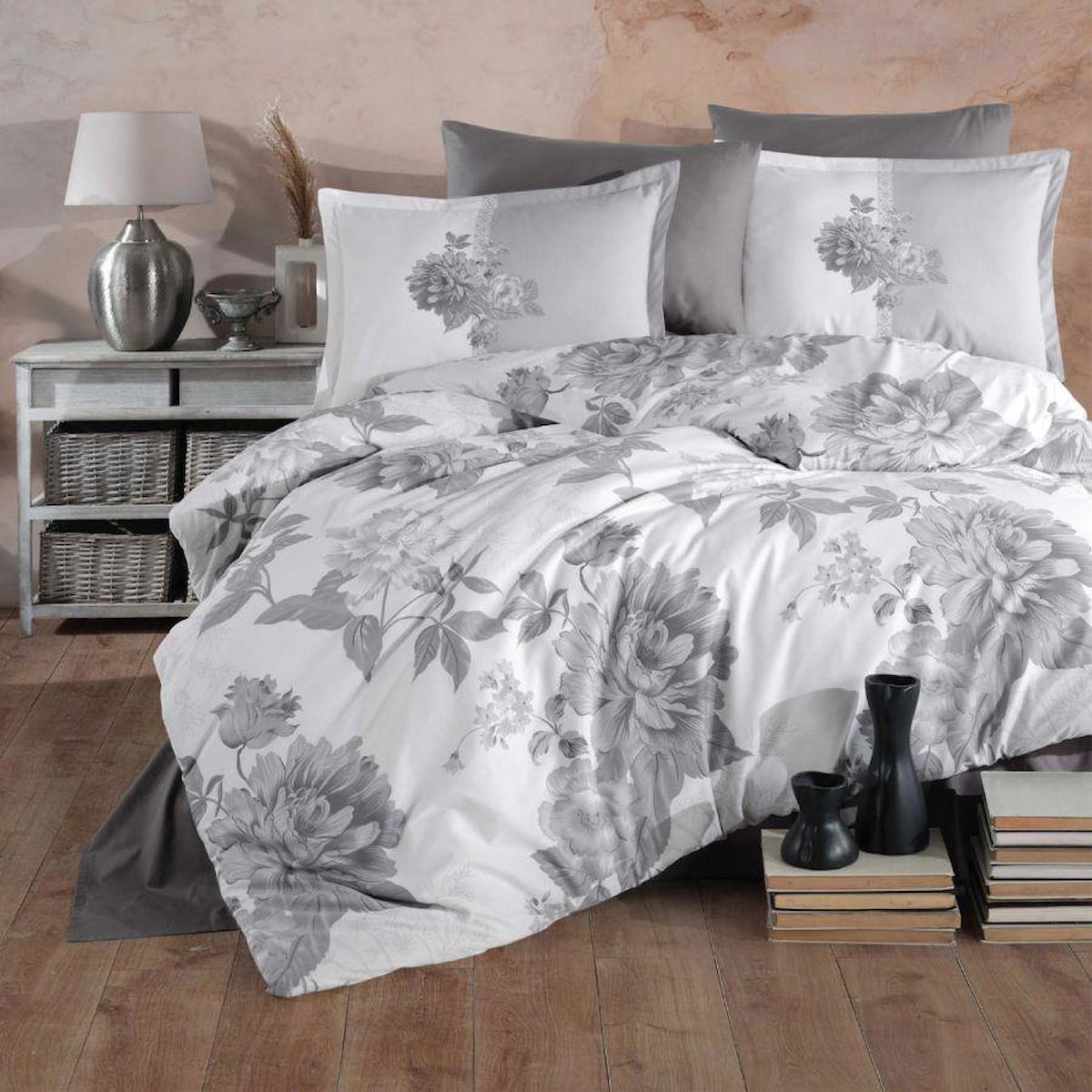 Clasy Rohan V1 Ranforce 4 Mevsim 200 x 220 cm Çarşaflı Desenli Çift Kişilik Nevresim Takımı Gri
