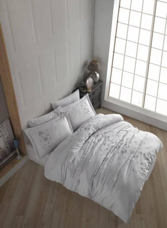 Hobby Poplin Pamuklu 4 Mevsim 200 x 220 cm Çarşaflı Çiçekli Çift Kişilik Nevresim Takımı Gri