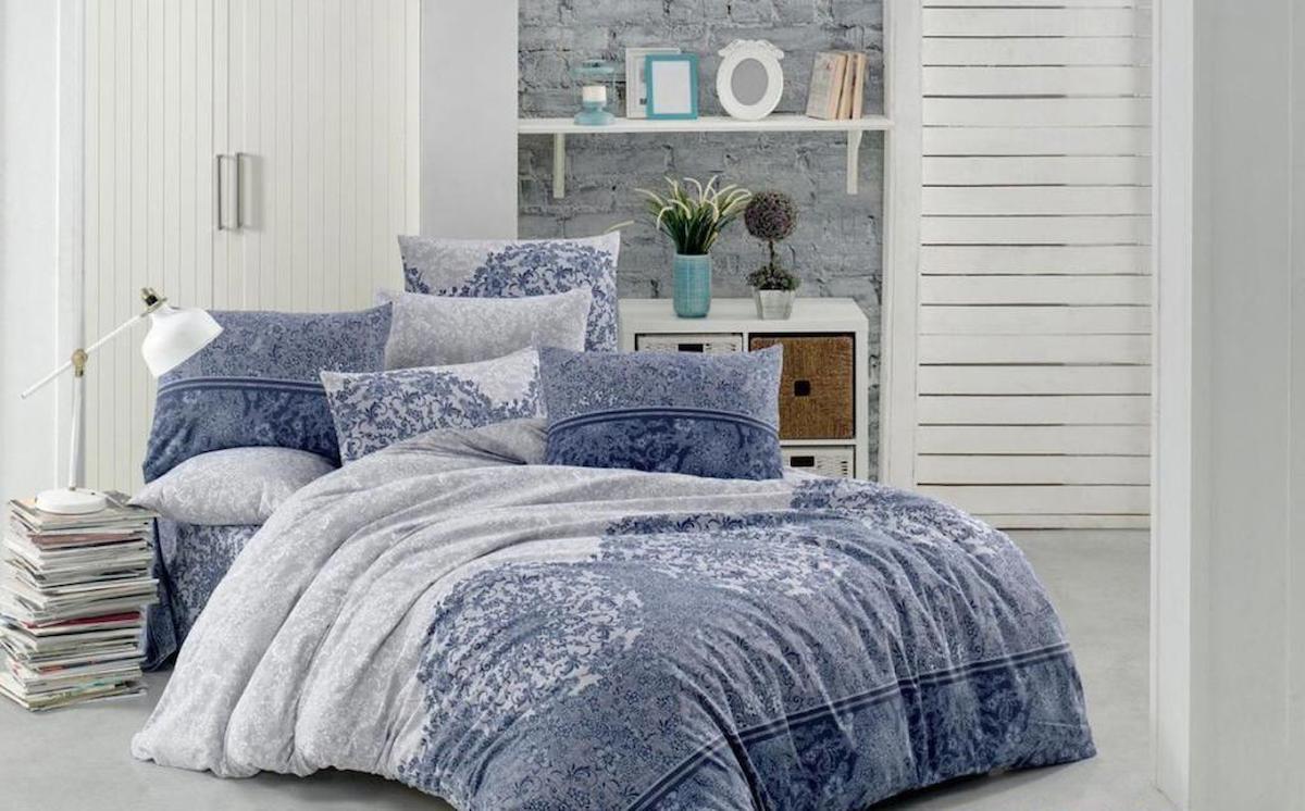 Nevresim Dünyası Ranforce 4 Mevsim 200 x 220 cm Çarşaflı Lastikli Desenli Çift Kişilik Nevresim Takımı Gri-Mavi