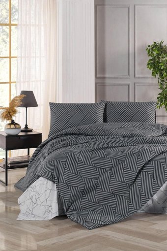 Tabu Home Ütopia Pamuklu 4 Mevsim 200 x 220 cm Çarşaflı Çizgili Çift Kişilik Nevresim Takımı Siyah