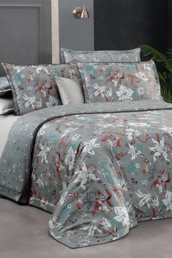 Sarev Portland Saten 4 Mevsim 200 x 220 cm Çarşaflı Çiçekli Çift Kişilik Nevresim Takımı Gri