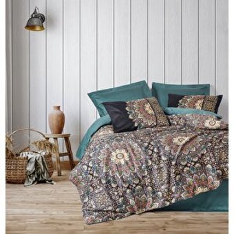 Cotton Box Ornate Saten 4 Mevsim 200 x 220 cm Çarşaflı Desenli Çift Kişilik Nevresim Takımı Petrol