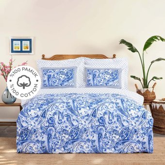 Karaca Home Bellance Pamuklu 4 Mevsim 200 x 220 cm Çarşaflı Desenli Çift Kişilik Nevresim Takımı Mavi
