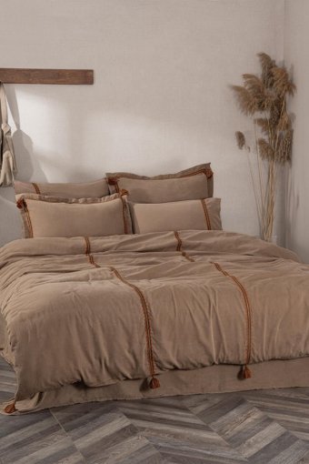 Ecocotton Hazar Pamuk Saten 4 Mevsim 200 x 220 cm Çarşaflı Desenli Çift Kişilik Nevresim Takımı Bej