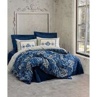 Cotton Box Stasya Saten 4 Mevsim 200 x 220 cm Çarşaflı Desenli Çift Kişilik Nevresim Takımı Lacivert