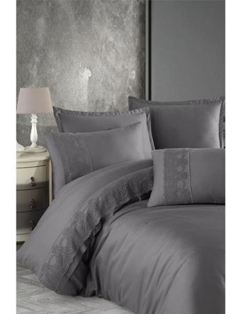 Clasy Valinor V6 Saten 4 Mevsim 200 x 220 cm Çarşaflı Dantelli Çift Kişilik Nevresim Takımı Gri