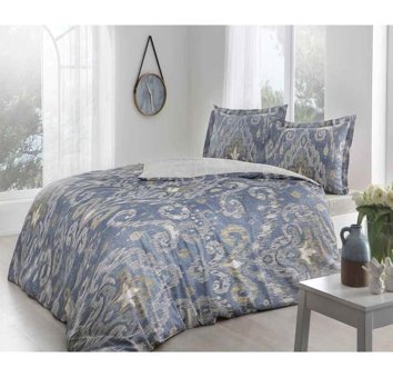 Taç Kendal Saten 4 Mevsim 200 x 220 cm Çarşaflı Desenli Çift Kişilik Nevresim Takımı Mavi