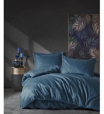 Cotton Box Elegante Stripe Saten 4 Mevsim 200 x 220 cm Çarşaflı Çizgili Çift Kişilik Nevresim Takımı Mavi
