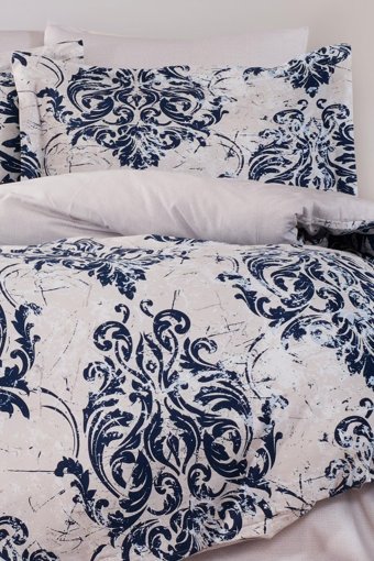 Varol Laura Home Tivoli Saten 4 Mevsim 200 x 220 cm Çarşaflı Desenli Çift Kişilik Nevresim Takımı Beyaz-Lacivert