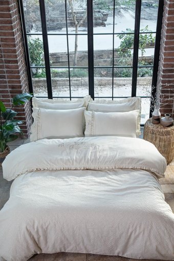 Ecocotton Flora Pamuk Keten 4 Mevsim 200 x 220 cm Çarşaflı Desenli Çift Kişilik Nevresim Takımı Krem
