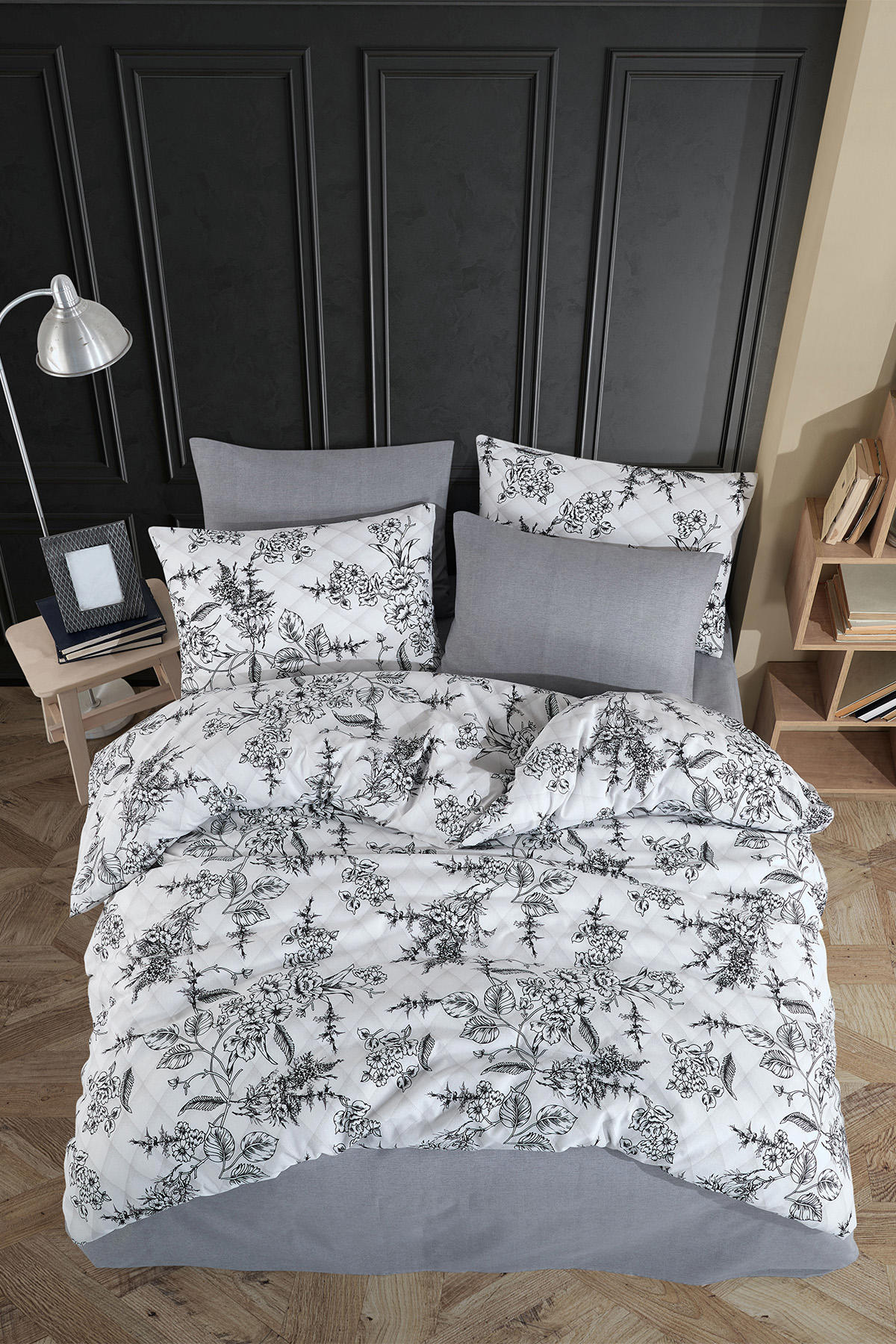 Loyal Daisy Pamuklu 4 Mevsim 160 x 220 cm Çarşaflı Çiçekli Çift Kişilik Nevresim Takımı Gri