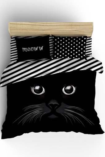 Helen George Meoww Pamuklu 4 Mevsim 200 x 220 cm Çarşaflı Desenli Çift Kişilik Nevresim Takımı Beyaz-Siyah