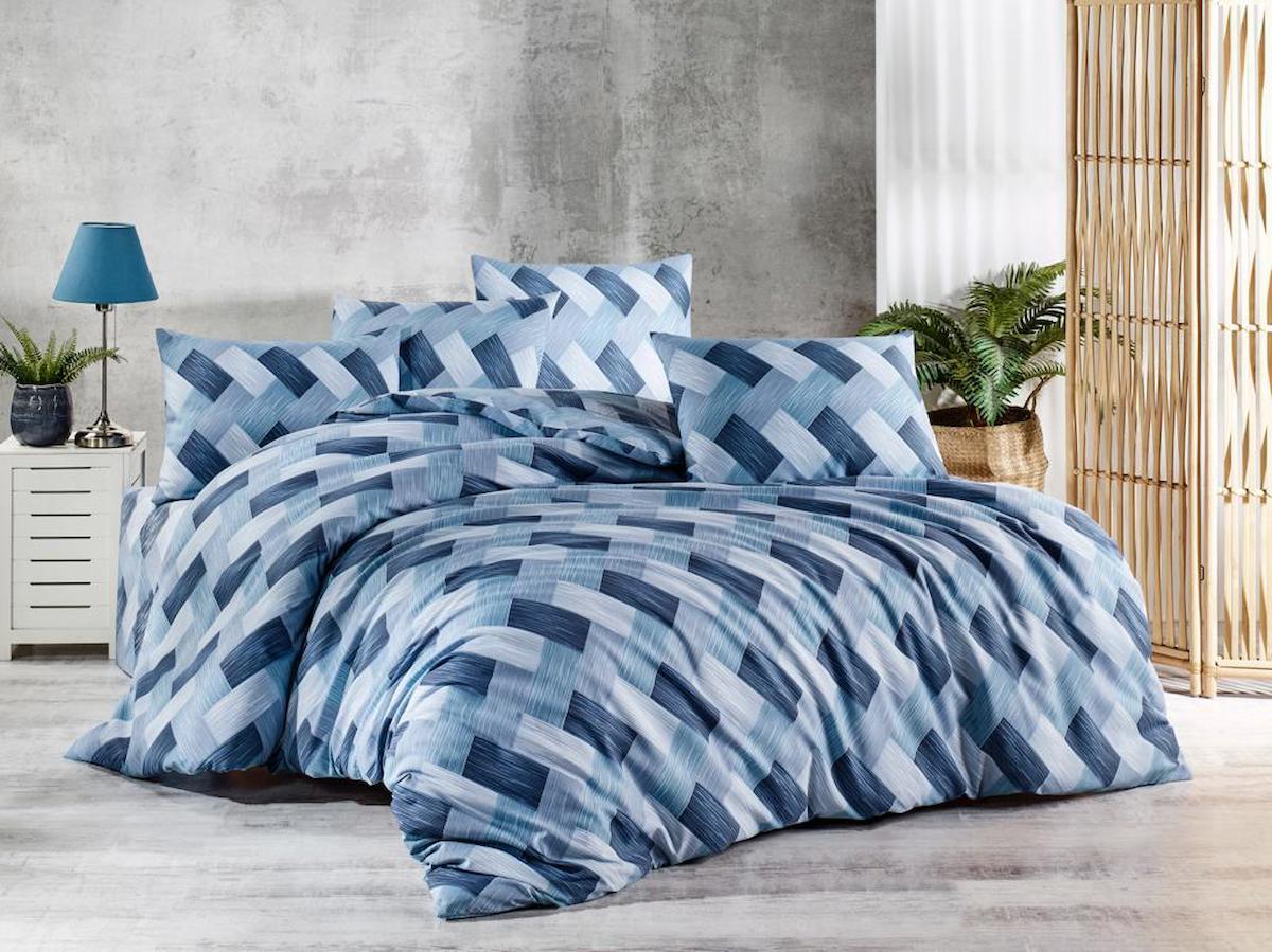 Nevresim Dünyası Bulut Ranforce 4 Mevsim 200 x 220 cm Çarşaflı Lastikli Desenli Çift Kişilik Nevresim Takımı Mavi