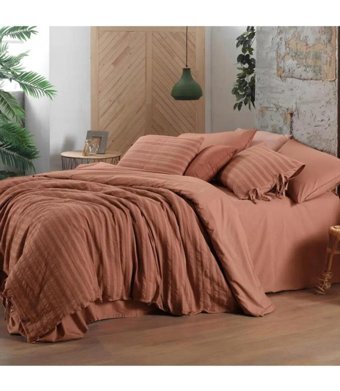 Sarev Toledo Pamuklu 4 Mevsim 200 x 220 cm Çarşaflı Çizgili Çift Kişilik Nevresim Takımı Taba