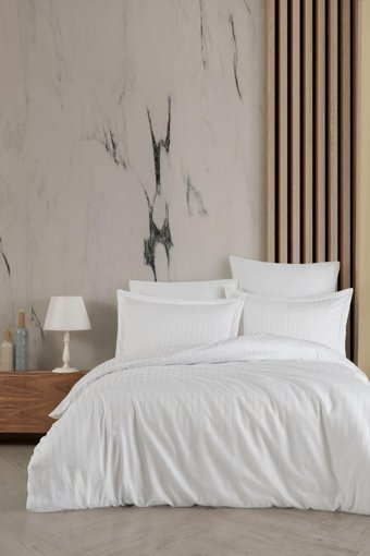 Soley Calisto Saten 4 Mevsim 200 x 220 cm Çarşaflı Çizgili Çift Kişilik Nevresim Takımı Beyaz