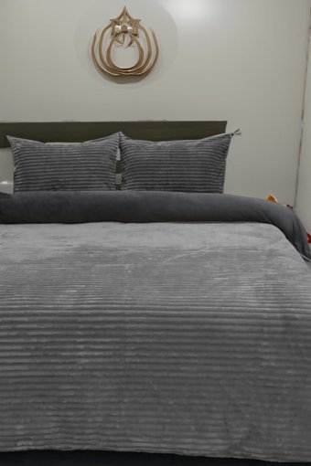 Merinos Peluş Pamuklu 4 Mevsim 200 x 220 cm Çarşaflı Desenli Çift Kişilik Nevresim Takımı Antrasit