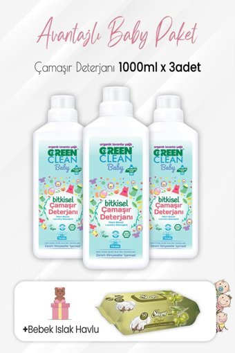 Green Clean 3x1000 ml Sıvı Bebek Deterjanı + Sleepy Doğal Zeytinyağlı 50'li Islak Havlu
