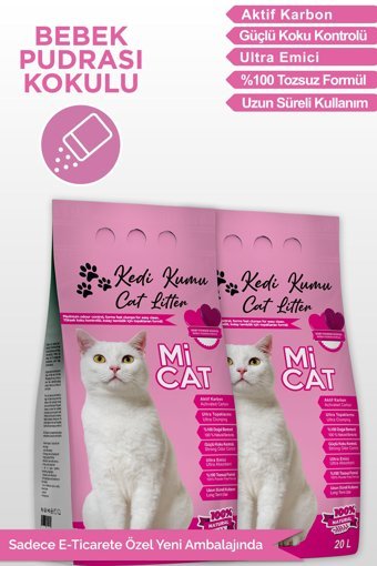 Mi Cat Bebek Pudralı Topaklanan İnce Taneli Aktif Karbonlu Bentonit Kedi Kumu 2x20 lt