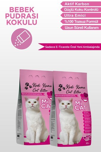 Mi Cat Bebek Pudralı Topaklanan İnce Taneli Aktif Karbonlu Bentonit Kedi Kumu 2x10 lt