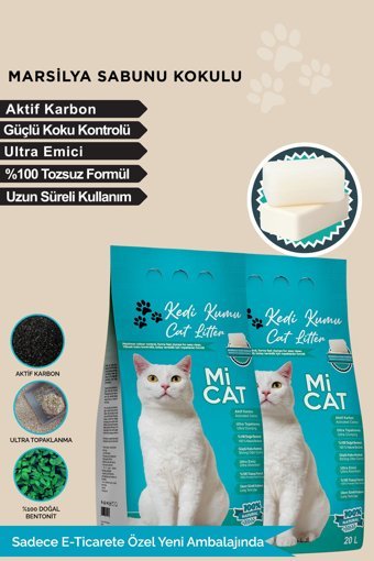 Mi Cat Marsilya Sabunlu Topaklanan İnce Taneli Aktif Karbonlu Bentonit Kedi Kumu 2x20 lt