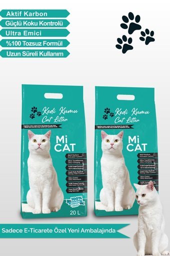 Mi Cat Kokusuz Topaklanan İnce Taneli Aktif Karbonlu Bentonit Kedi Kumu 2x20 lt