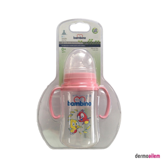 Bambino B818 Plastik Yavaş Akışlı Kulplu 0-6 Ay Desenli Şeffaf Biberon 250 ml