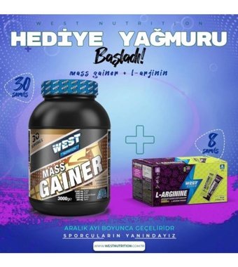 West Nutrition Çikolata Aromalı 30 Servis Kas Yapıcı Gainer 3000 gr Şase + Shaker Hediye