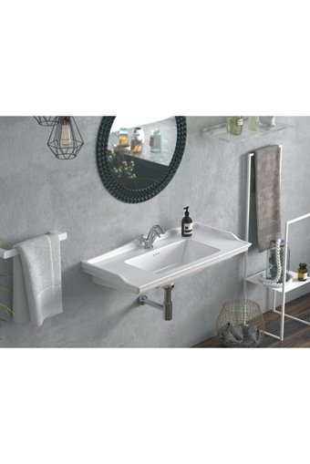 Turkuaz Seramik Kapadokya Dekoratif Tekli 65 cm Seramik Tezgah Üstü Dikdörtgen Lavabo Beyaz
