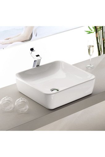 Turkuaz Seramik One Dekoratif Tekli 46 cm Seramik Tezgah Üstü Kare Lavabo Beyaz
