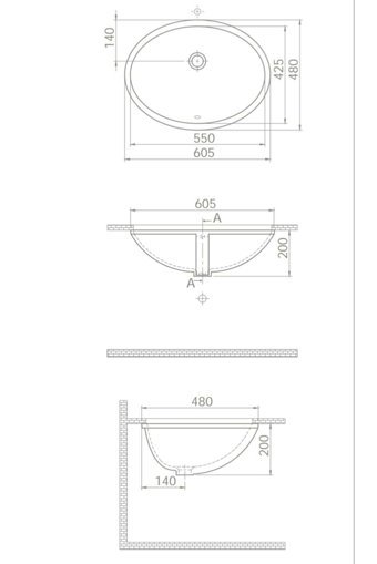 Turkuaz Seramik Hilton Retro Tekli 55 cm Seramik Tezgah Altı Elips Lavabo Krem