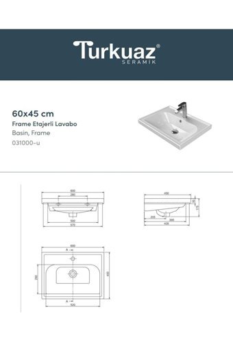 Turkuaz Seramik Frame Dekoratif Tekli 60 cm Seramik Tezgah Üstü Dikdörtgen Lavabo Beyaz
