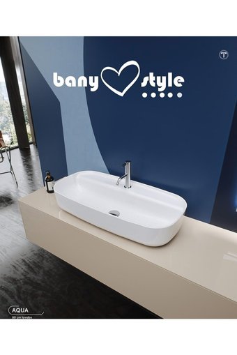 Turkuaz Seramik Aqua Vintage Tekli 80 cm Seramik Tezgah Üstü Oval Lavabo Beyaz