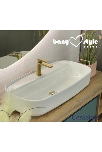 Turkuaz Seramik Aqua Vintage Tekli 80 cm Seramik Tezgah Üstü Oval Lavabo Beyaz