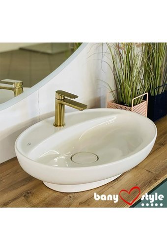 Turkuaz Seramik Lal Dekoratif Tekli 60 cm Seramik Tezgah Üstü Oval Lavabo Beyaz