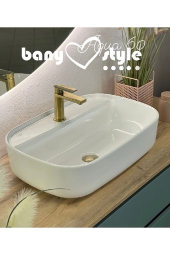 Turkuaz Seramik Aqua Klasik Tekli 60 cm Seramik Tezgah Üstü Dikdörtgen Lavabo Beyaz