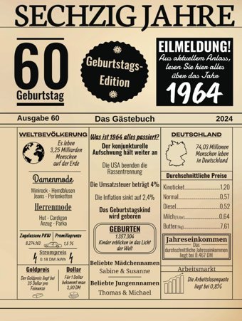 Sechzig Jahre Das Gstebuchzum 60 Geburtstag 2024 / Geburtsjahr 1964 / Zeitung Design Mit Ereignissen Jahrgang 64 / Geschenk Und Geburtstagsdeko / Und Fotos Einkleben / Geburtstagszeitung Ruush, Edition Independently Publıshed