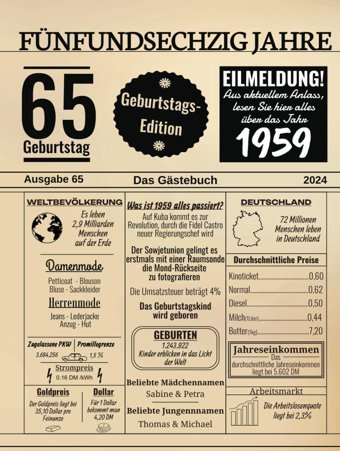 Fünfundsechzig Jahre Das Gstebuchzum 65 Geburtstag 2024 / Geburtsjahr 1959 / Zeitung Design Mit Ereignissen Jahrgang 59 / Geschenk Und Und Fotos Einkleben / Geburtstagszeitung Ruush, Edition Independently Publıshed