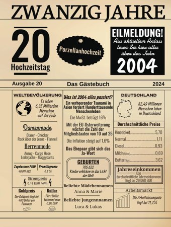 Zwanzig Jahre Das Gstebuch Porzellanhochzeitzum 20. Hochzeitstag 2024 / Hochzeitsjahr 2004 / Zeitung Design Mit Ereignissen Jahr 04 / Geschenk Und Und Fotos Einkleben / Hochzeitszeitung Ruush, Edition Independently Publıshed